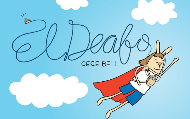 The cover image for El Deafo. The main character, Cece Bell, flies in the sky between clouds. She wears a cape, a white shirt, and blue shorts. Her eyes are closed and she smiles as she flies upwards.