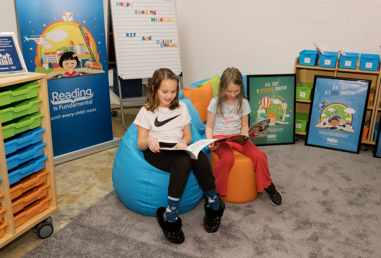 Students enjoying the new reading corner at Hindman Elementary School in Kentucky; refurbished after a flood with the support of Dollar General.