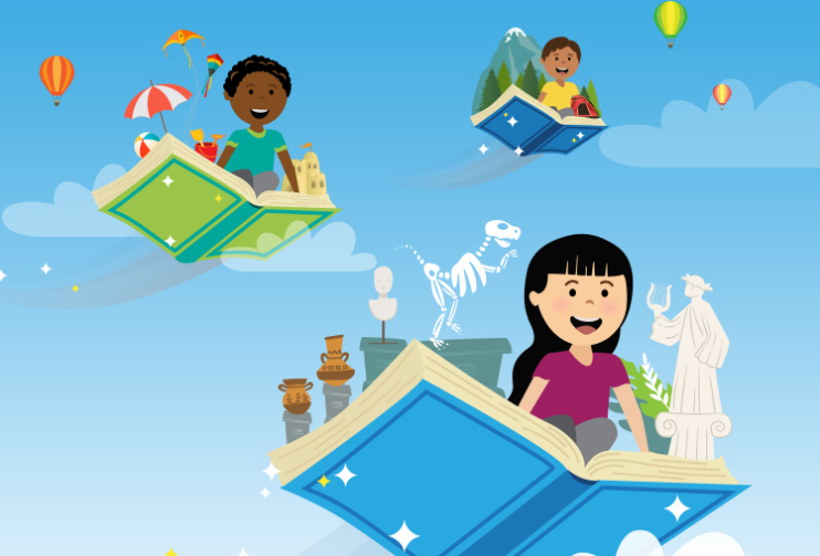 illustrations of kids riding books