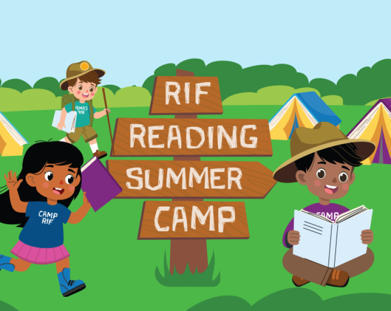 An illustration of three children camping outside with a wooden sign