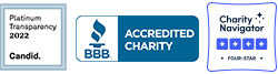 Certified Seal of Candid Platinum Transparency 2022, Better Business Bureau Seal of Accreditation, and Charity Navigator 4 Star Rating Badge.
