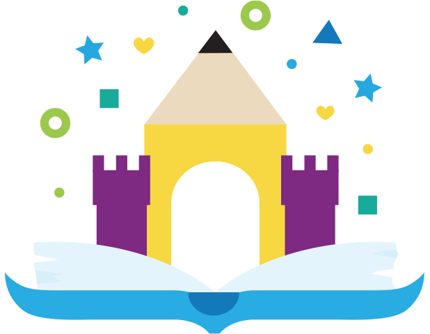 open book with pencil and castle