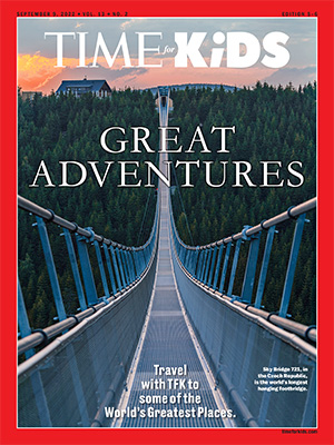 The cover for the Time For Kids Magazine, Great Adventures. A suspension bridge stretches into the horizon, flanked by coniferous trees on either side.