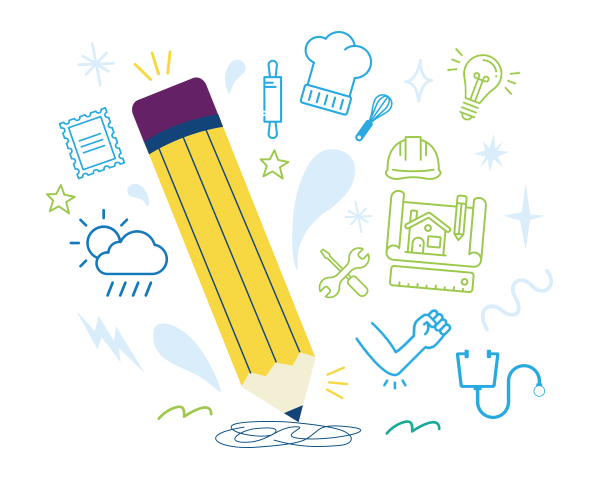 Pencil writing with themed icon