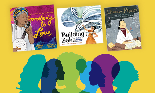 Silhouettes of women in different colors overlap. A row of book above showcases Somebody to Love, Building Zaha, and Queen of Physics.