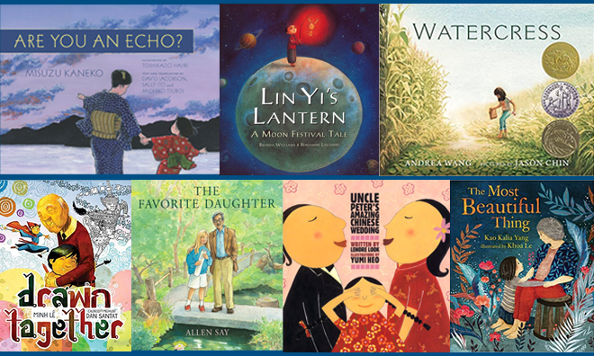 Several books exploring AAPI heritage, including Drawn Together, Lin Yi's Lantern, and Watercress. 