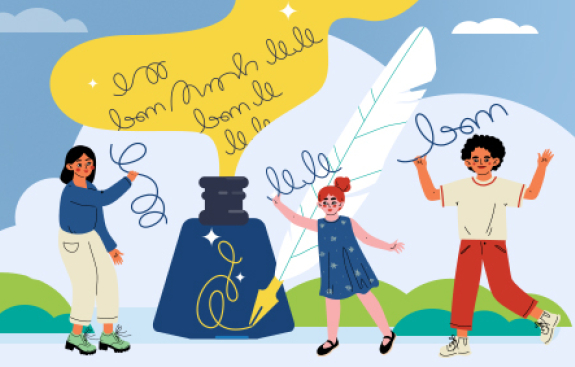 Whimsical illustration of kids and ink pens