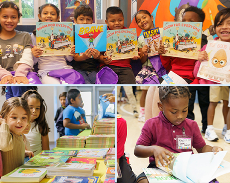 Children happily reading books