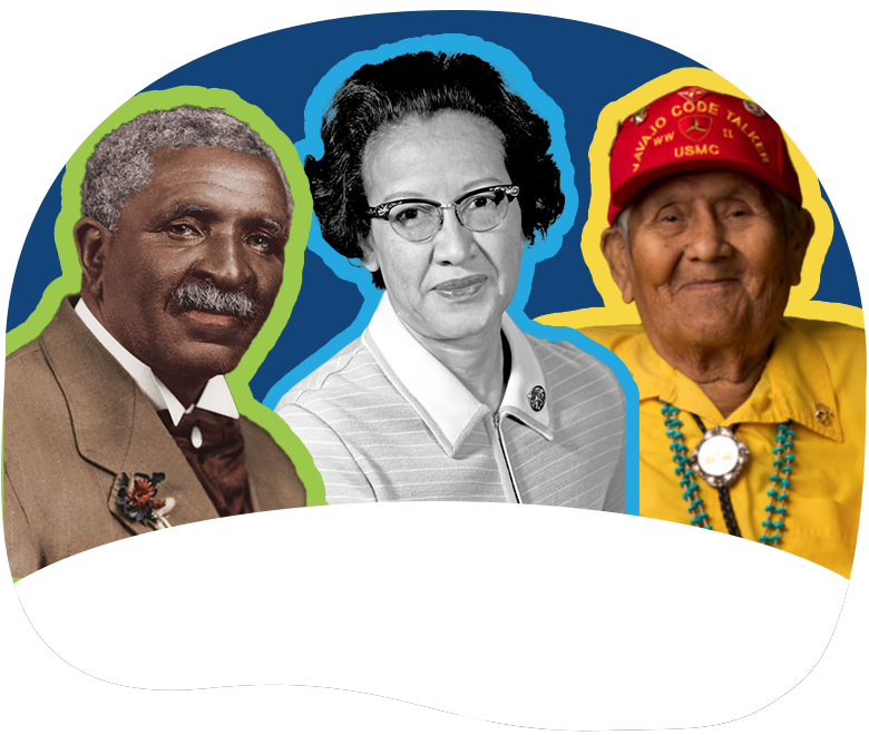 From the left to right, George Washington Carver, Katherine Johnson, and Chester Nez are presented as significant figures in scientific and technological history.